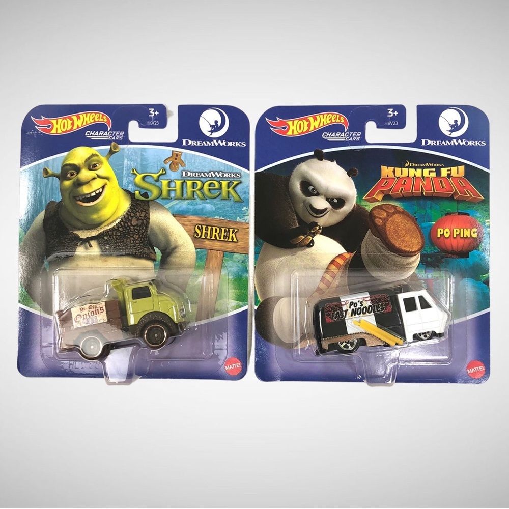 Hot Wheels Character Cars DreamWorks Kung Fu Panda & Shrek Lot of 2!
